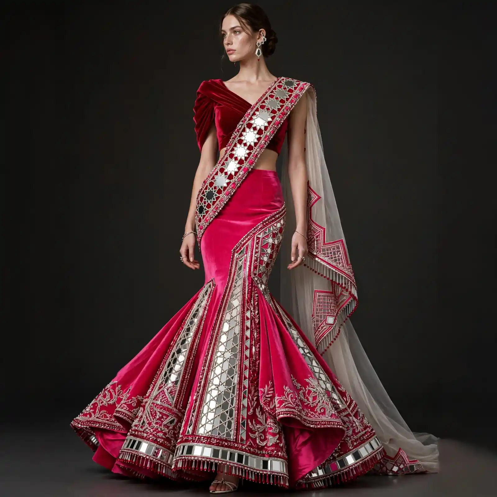 Fuchsia Silver Mirror Star ExpensiveE Velvet Mermaid Saree Lehenga
