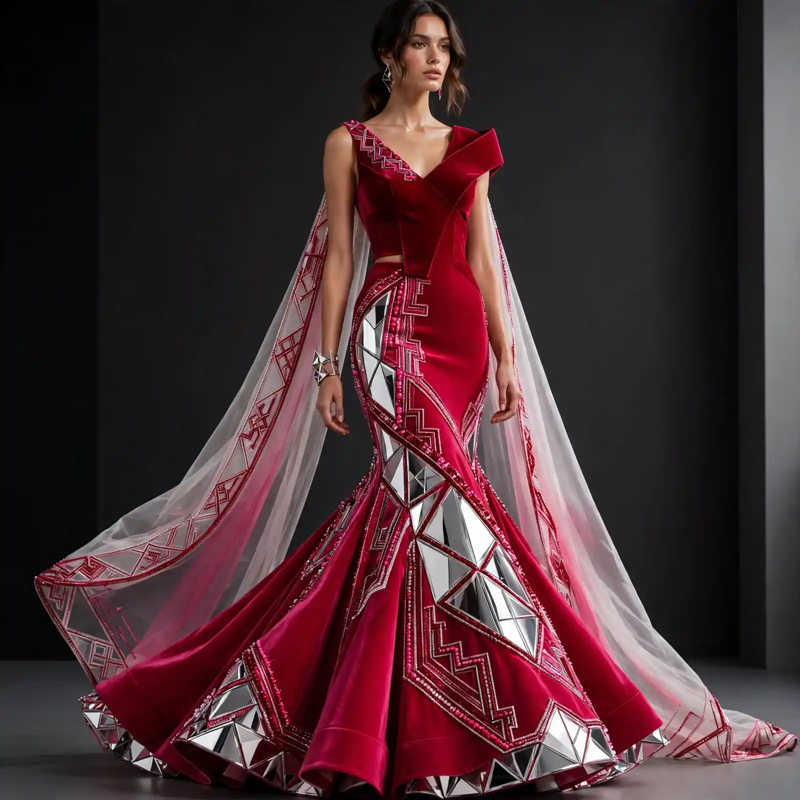Crimson Mirror Diamond ExpensiveE Mermaid Lehenga with Cape