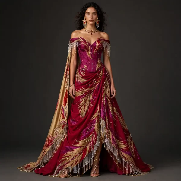 Burgundy Gold Feather ExpensiveE Corset Saree Lehenga with Fringe Cape