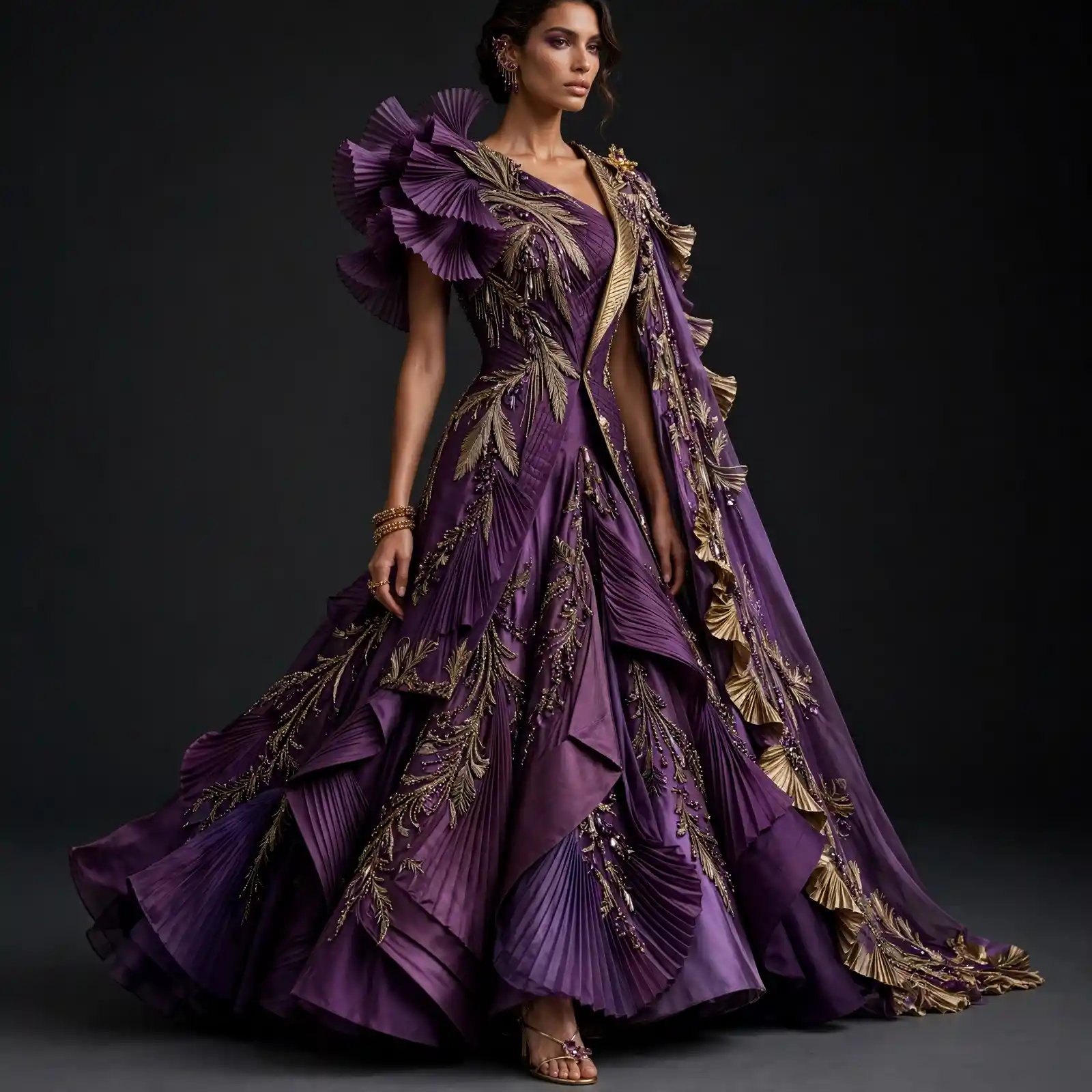 Royal Purple Gold Feather ExpensiveE Pleated Fan Lehenga with Cape