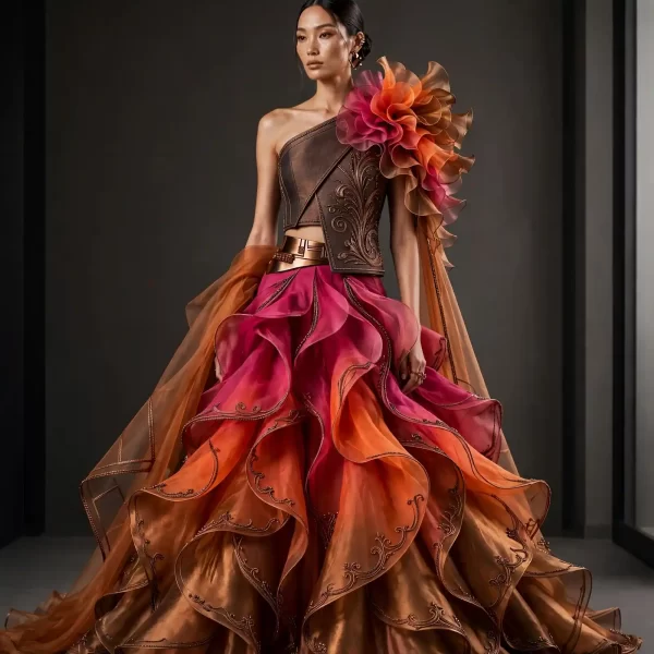 Bronze Copper Pink Ruffle ExpensiveE One-Shoulder Lehenga with Flower Cape