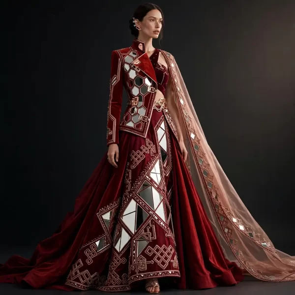 Burgundy Mirror Hexagon ExpensiveE Blazer Lehenga with Geometric Cape