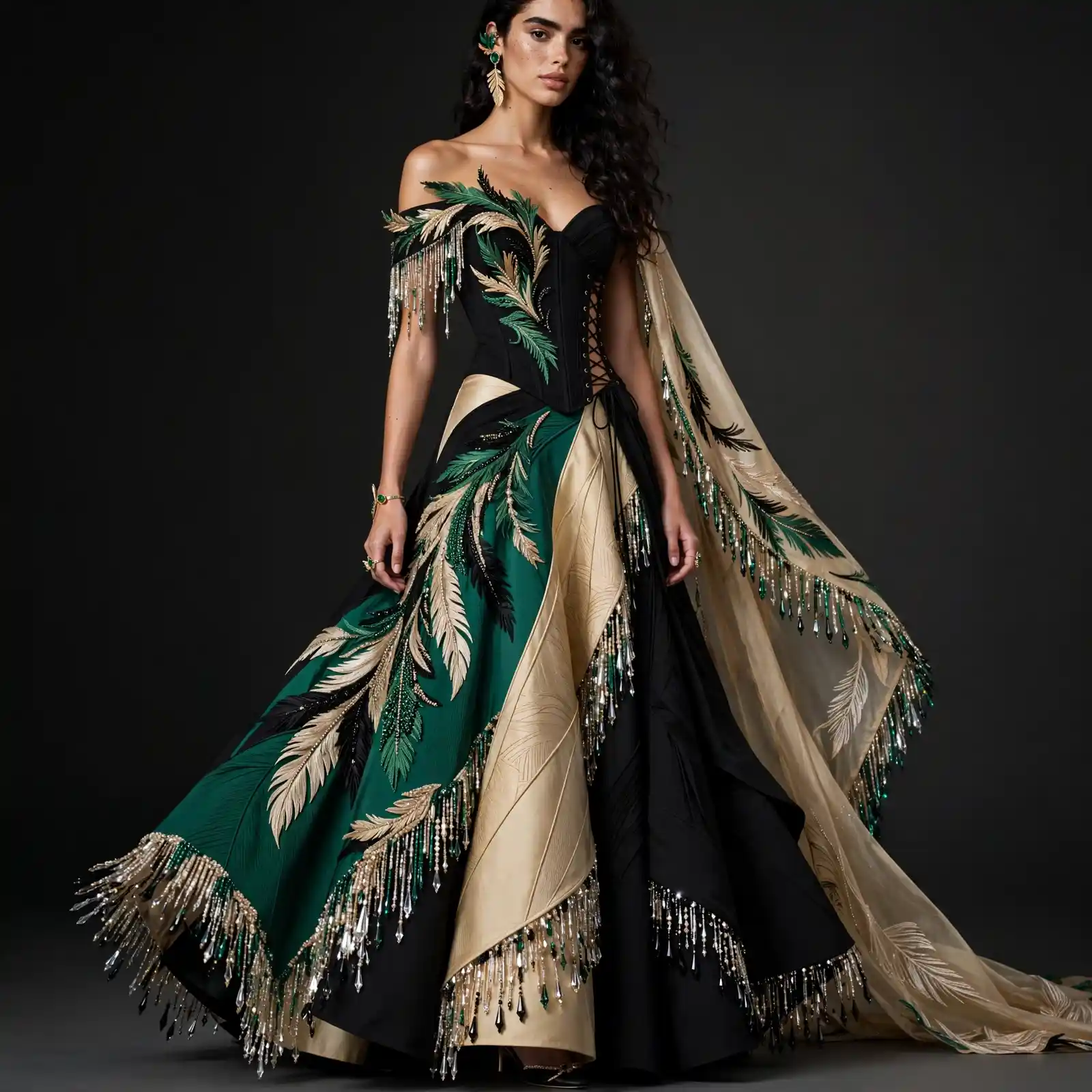 Emerald Black Gold Feather ExpensiveE Corset Draped Lehenga with Fringe Cape