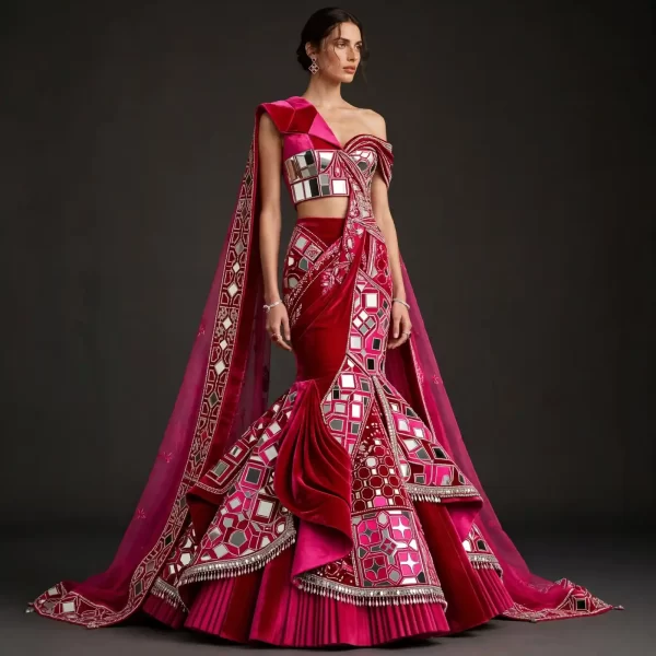 ExpensiveE Fuchsia Mirror Mosaic Velvet Cape Lehenga Mermaid