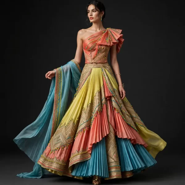 ExpensiveE Coral Yellow Turquoise Pleated Fan One-Shoulder Lehenga