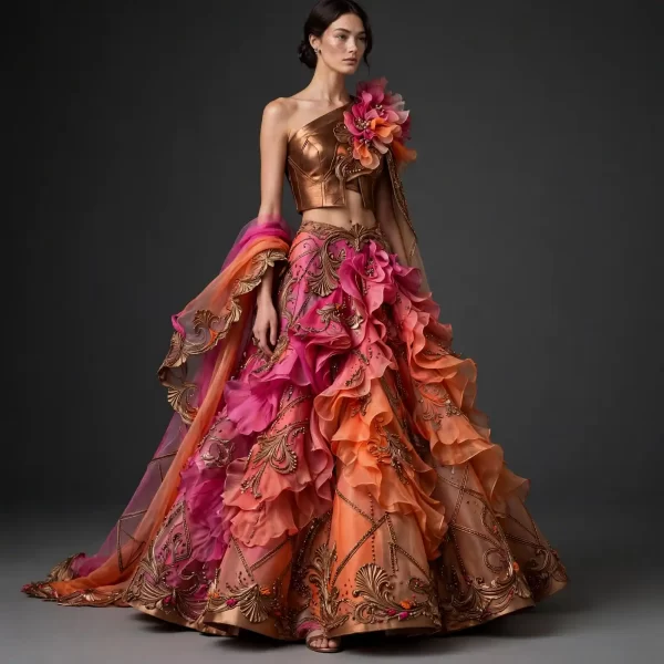ExpensiveE Bronze Pink Orange Ruffled Tiered Floral Lehenga with 3D Blossom Cape