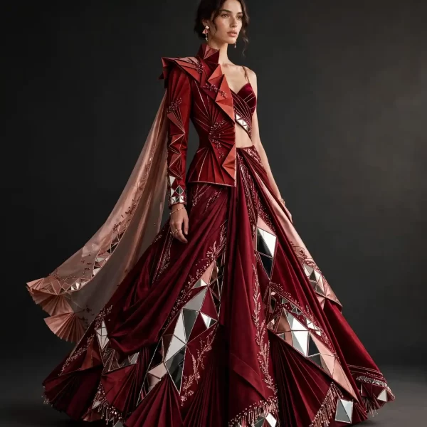ExpensiveE Burgundy Mirror Origami Jacket Lehenga Mermaid with Cape