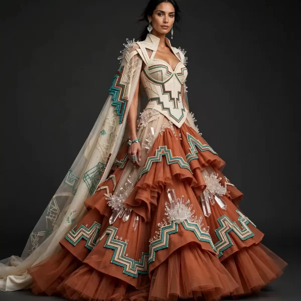 ExpensiveE Terracotta Turquoise Zigzag Crystal Lehenga with Tiered Ruffle