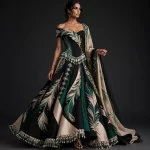 ExpensiveE  Black Emerald Beige Feather Corset Lehenga with Tassel Fringe Cape