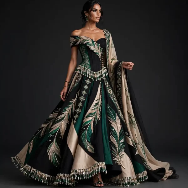 ExpensiveE Black Emerald Beige Feather Corset Lehenga with Tassel Fringe Cape