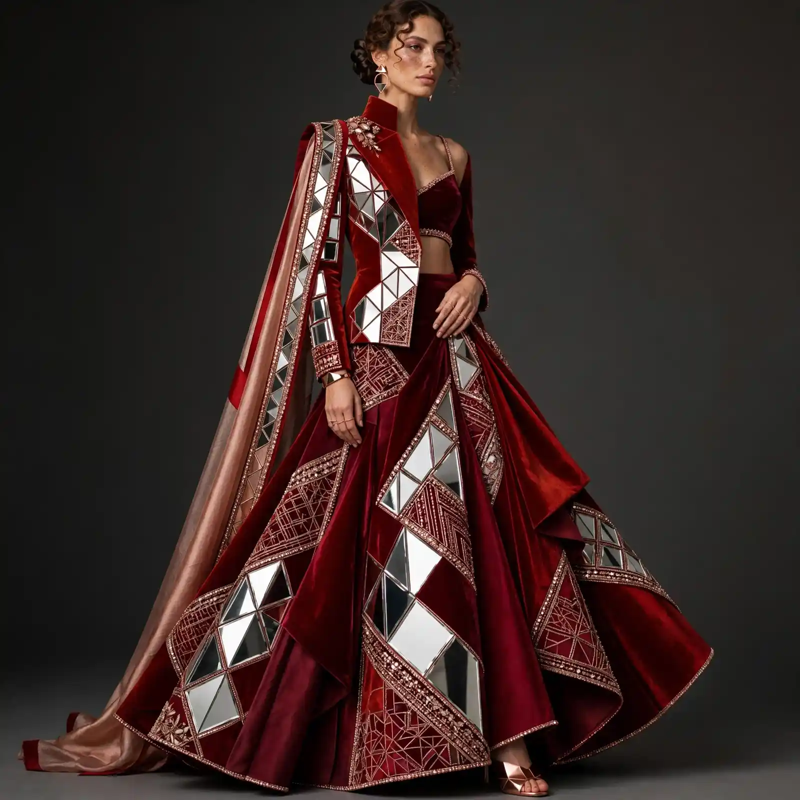 ExpensiveE Burgundy Mirror Geometric Origami Jacket Lehenga Mermaid Duplicate