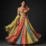 ExpensiveE  Coral Turquoise Yellow Pleated Fan Lehenga with Feather Cape
