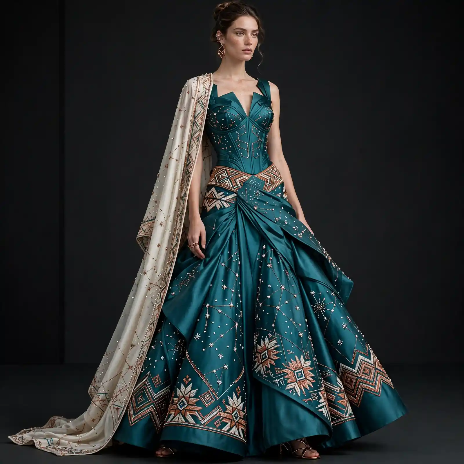 Teal Constellation ExpensiveE Corset Star Embroidered Lehenga with Geometric Border