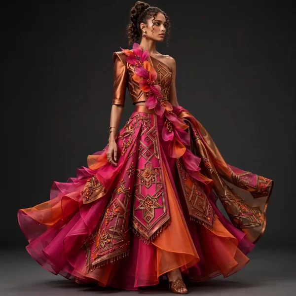 Magenta Copper ExpensiveE One-Shoulder Floral Applique Lehenga with Geometric Panels