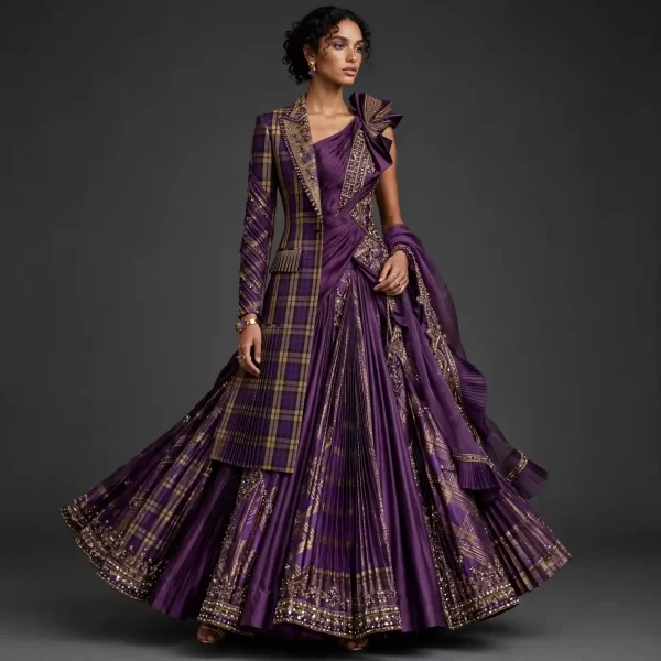 Purple Plaid ExpensiveE Pleated Blazer Lehenga with Tartan and Baroque Gold