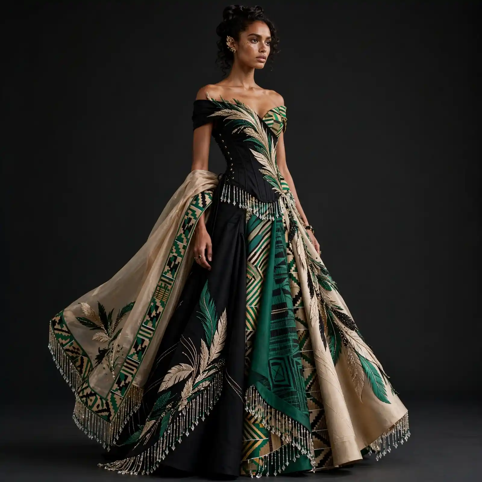 Kente Feather ExpensiveE Off-Shoulder Corset Lehenga with Ankara Geometric and Feather Fringe