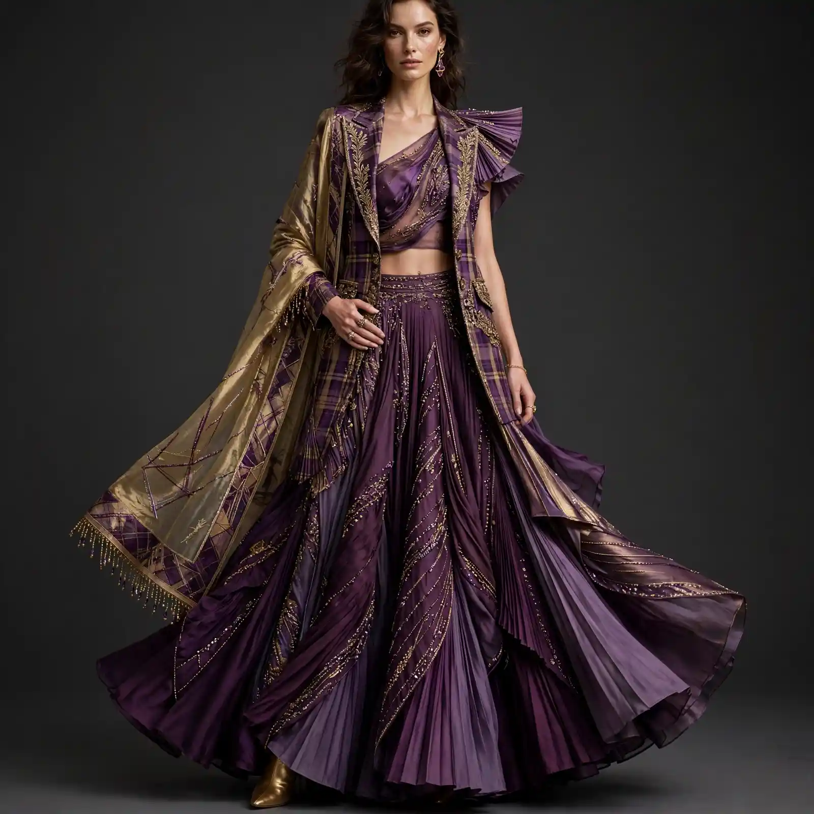 Amethyst Tartan ExpensiveE Long Blazer Lehenga with Gold Pleated Cape