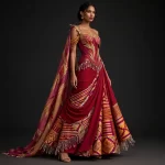Kente Phoenix ExpensiveE Crimson Gold Feather Cape Bridal Lehenga Saree Draped