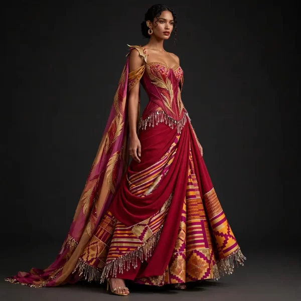 Kente Phoenix ExpensiveE Crimson Gold Feather Cape Bridal Lehenga Saree Draped