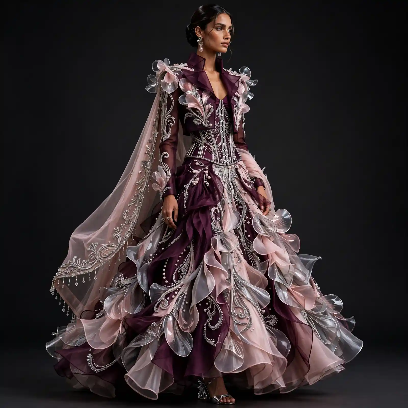 Blush Ruffle ExpensiveE Plum Purple Silver Crystal Cape Bridal Lehenga Collection