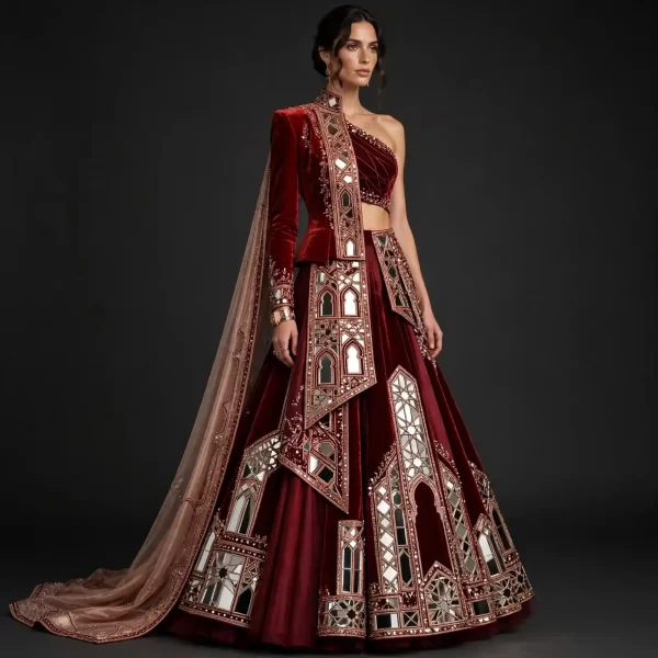 Mirror Citadel ExpensiveE Burgundy Velvet Mirror Arch Palace Lehenga with Cape