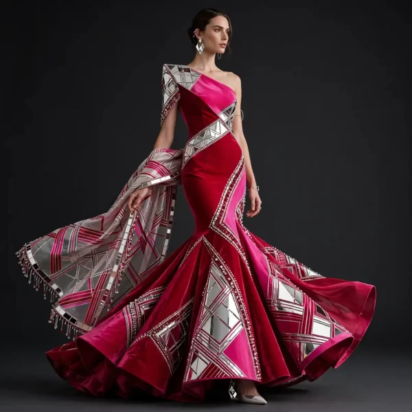 Mirror Glacier ExpensiveE Hot Pink Silver Mirror Geometric Mermaid Bridal Lehenga