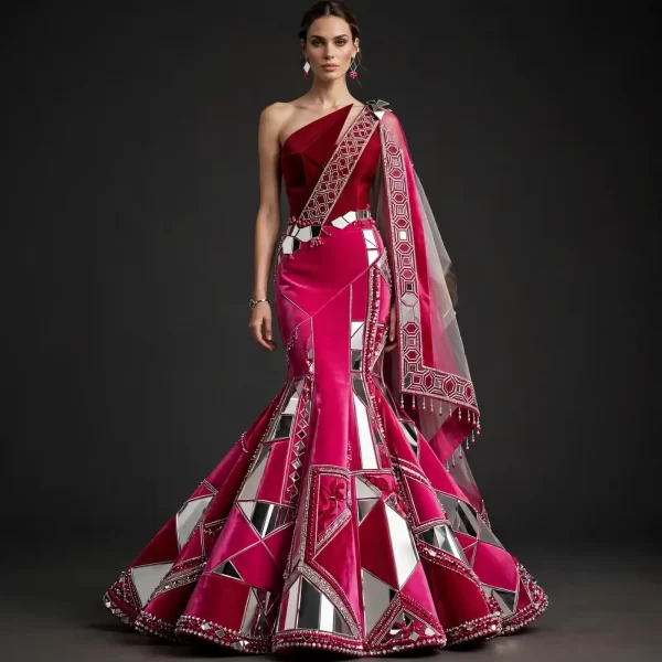 Mirror Hex ExpensiveE Hot Pink Silver Hexagon Mirror Bridal Lehenga Mermaid