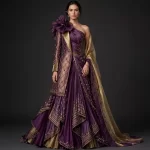 Amethyst Ruffle ExpensiveE Purple Gold Fan Pleated Cape Bridal Lehenga Collection