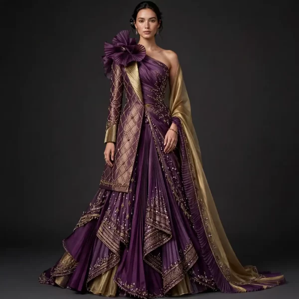 Amethyst Ruffle ExpensiveE Purple Gold Fan Pleated Cape Bridal Lehenga Collection
