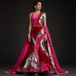 ExpensiveE Fuchsia Pink Red Velvet Mirror Geometric Mermaid Lehenga with Silver Triangle Mirror Work and Pink Cape - ExpensiveE Mirror Mermaid Atelier