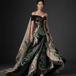 ExpensiveE Black Beige Emerald Green Gold Feather Fringe Corset Saree Lehenga with Scroll and Beaded Fringe - ExpensiveE Noir Feather Atelier