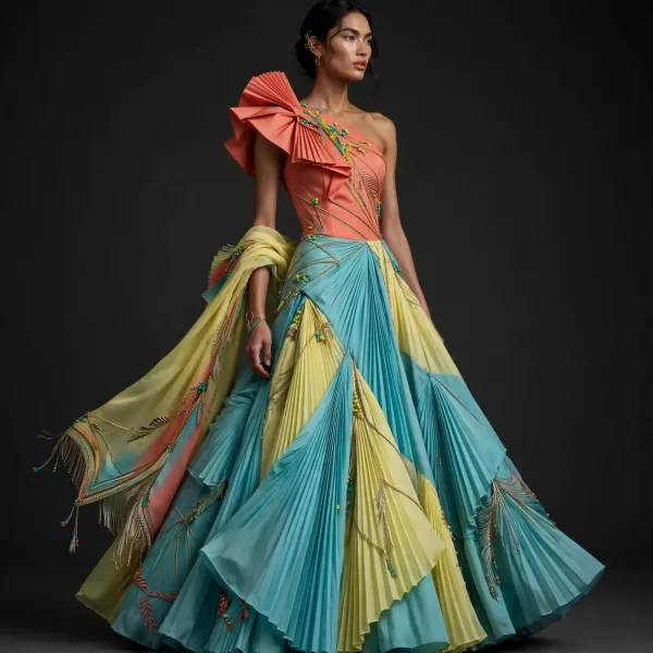 Coral Teal Yellow ExpensiveE Pleated Fan One-Shoulder Lehenga with Cape