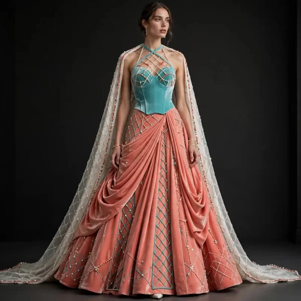 Coral Turquoise Diamond Lattice ExpensiveE Corset Lehenga with Pearl Cape