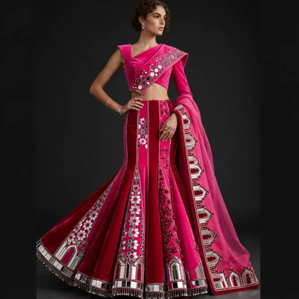 Fuchsia Red Mirror Arch ExpensiveE Velvet Mermaid Lehenga with Cape