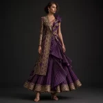 ExpensiveE  Royal Purple Gold Zigzag Pleated Anarkali Lehenga Blazer Jacket