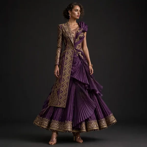 ExpensiveE Royal Purple Gold Zigzag Pleated Anarkali Lehenga Blazer Jacket