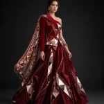 ExpensiveE  Burgundy Mirror Origami Mermaid Lehenga Rose Gold Cape Crystal Fringe