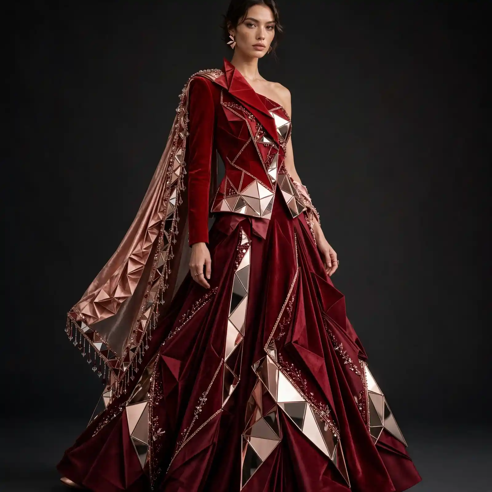 ExpensiveE Burgundy Mirror Origami Mermaid Lehenga Rose Gold Cape Crystal Fringe