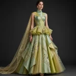 ExpensiveE  Lime Citrine Crystal Peplum Lehenga Geometric Cape Diamond Fringe