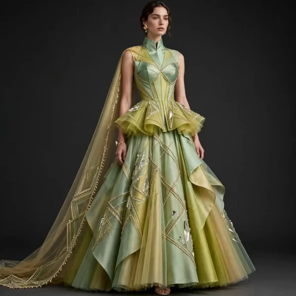 ExpensiveE Lime Citrine Crystal Peplum Lehenga Geometric Cape Diamond Fringe