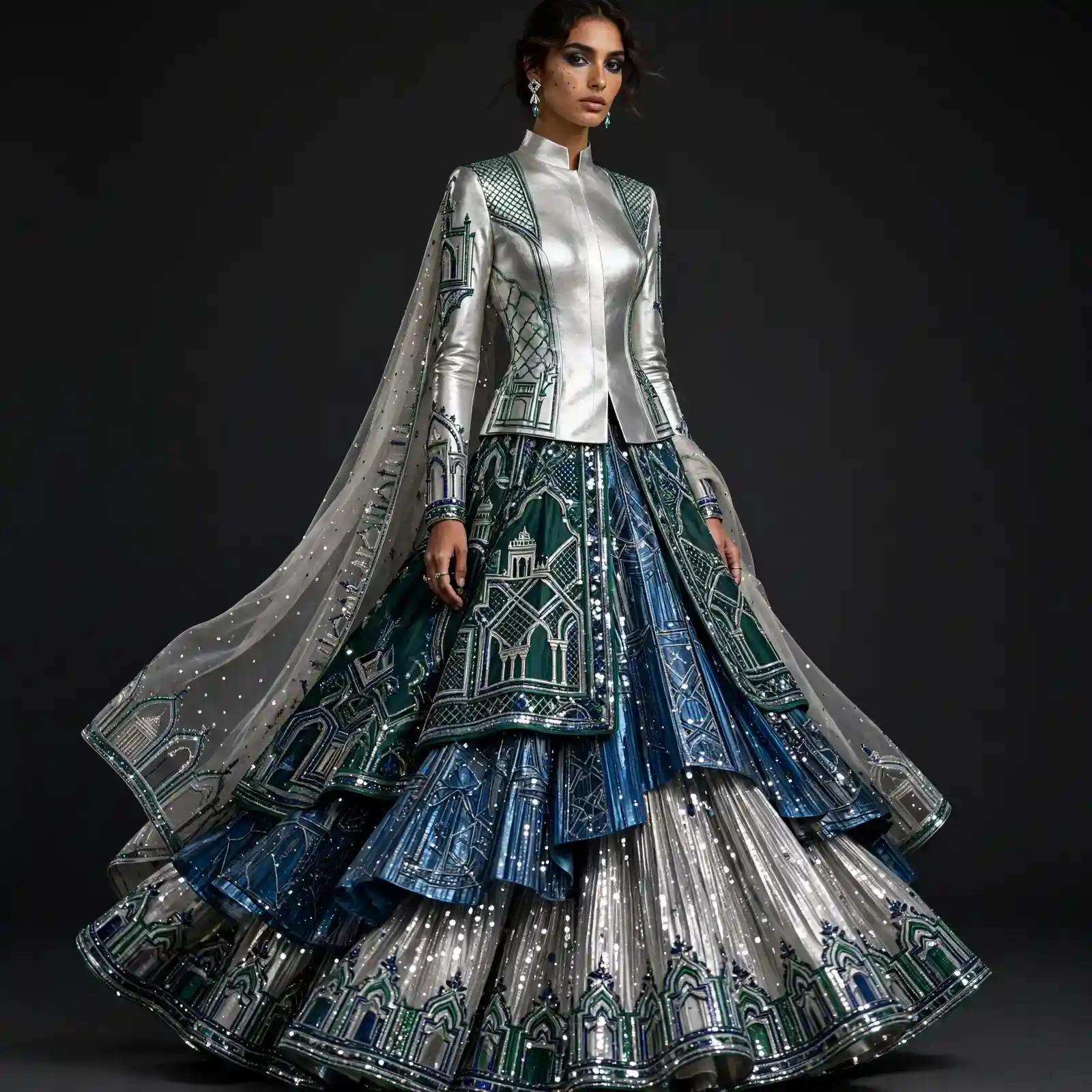 Silver Chrome Mughal Temple Arch Lehenga with High Mandarin Collar and Triple Layer