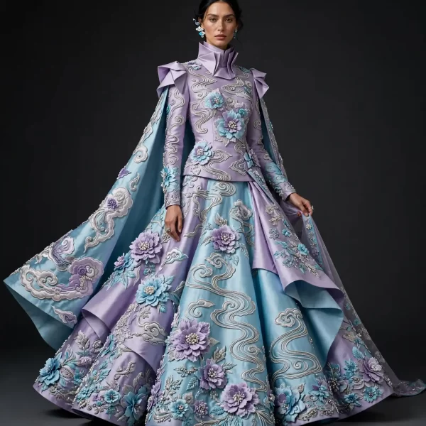 Pastel Cloud Floral ExpensiveE Cape Lehenga with 3D Peony