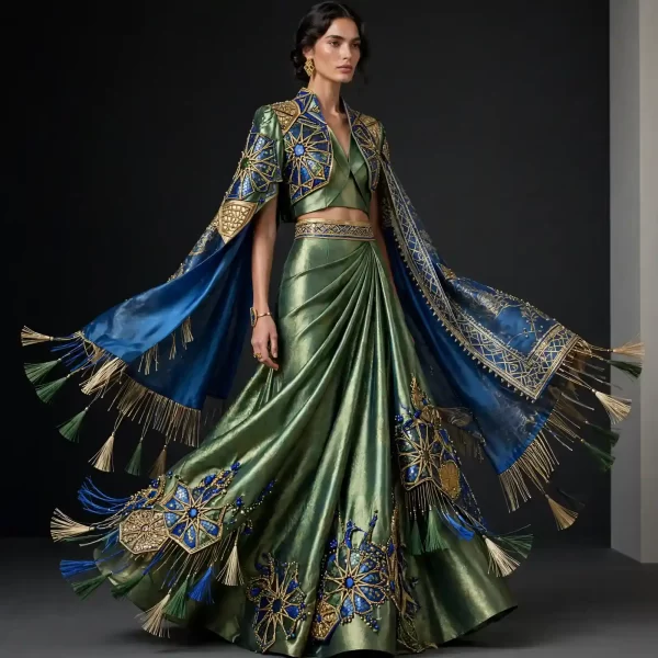 Emerald Peacock Star ExpensiveE Cape Lehenga with Tassel Fringe