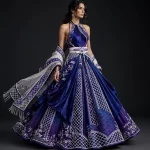 Royal Blue Lattice Floral ExpensiveE Halter Saree Lehenga with Dupatta