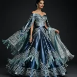 Hellenic Goddess ExpensiveE Off-Shoulder Cape Bridal Lehenga with Greek Key Fringe