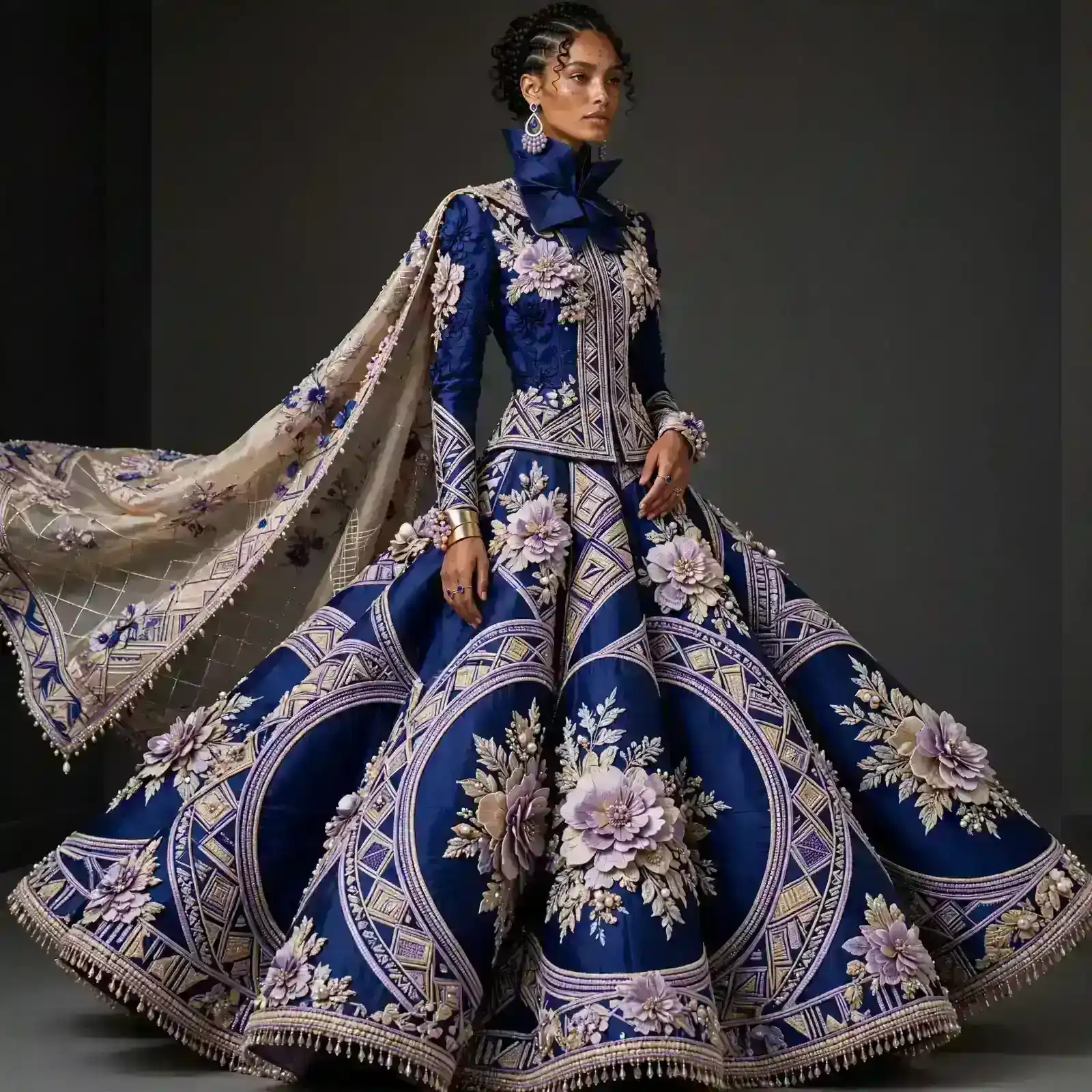 Baroque Bloom ExpensiveE High Collar Cape Bridal Lehenga with 3D Floral