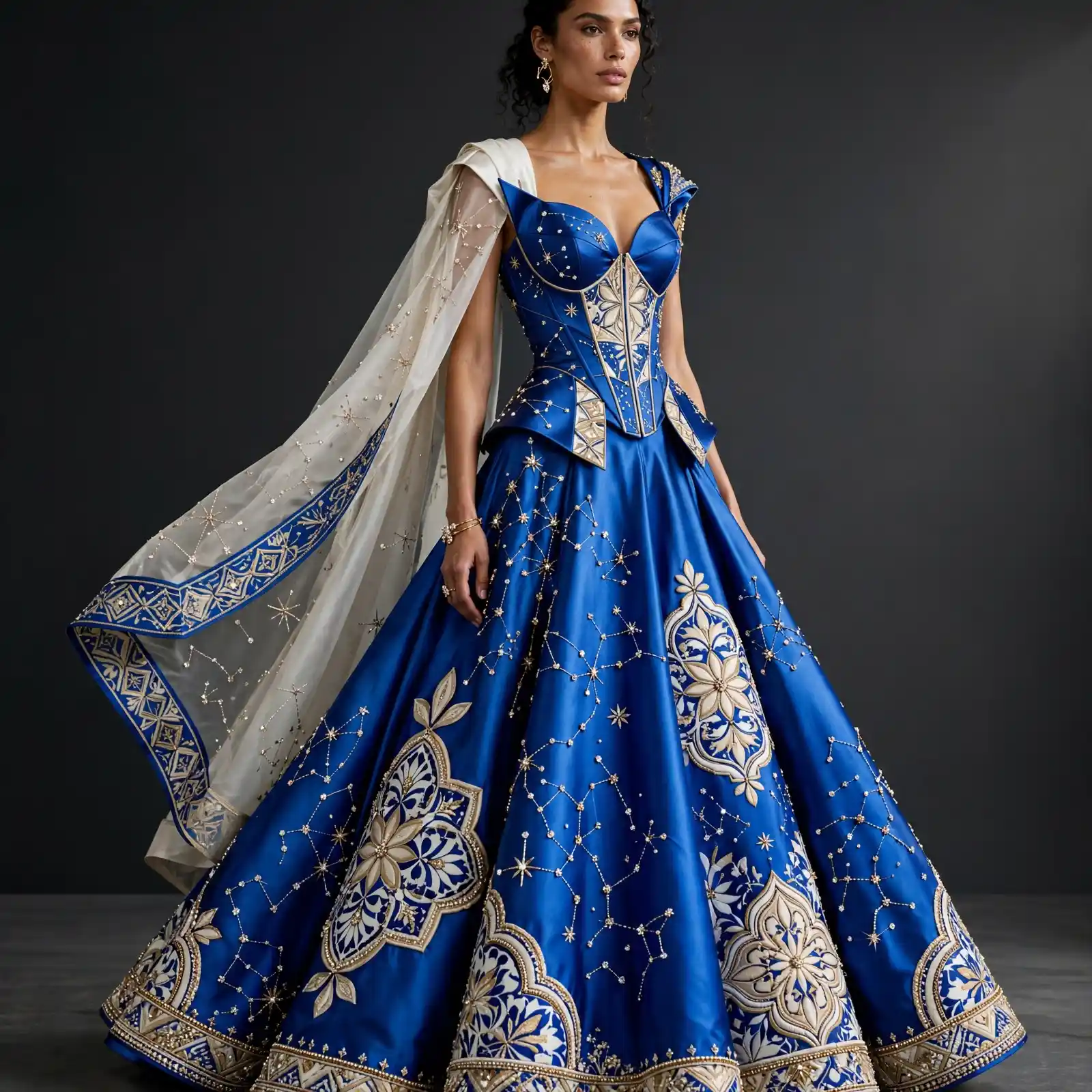 ExpensiveE Royal Blue Constellation Corset Lehenga with Ivory Cape