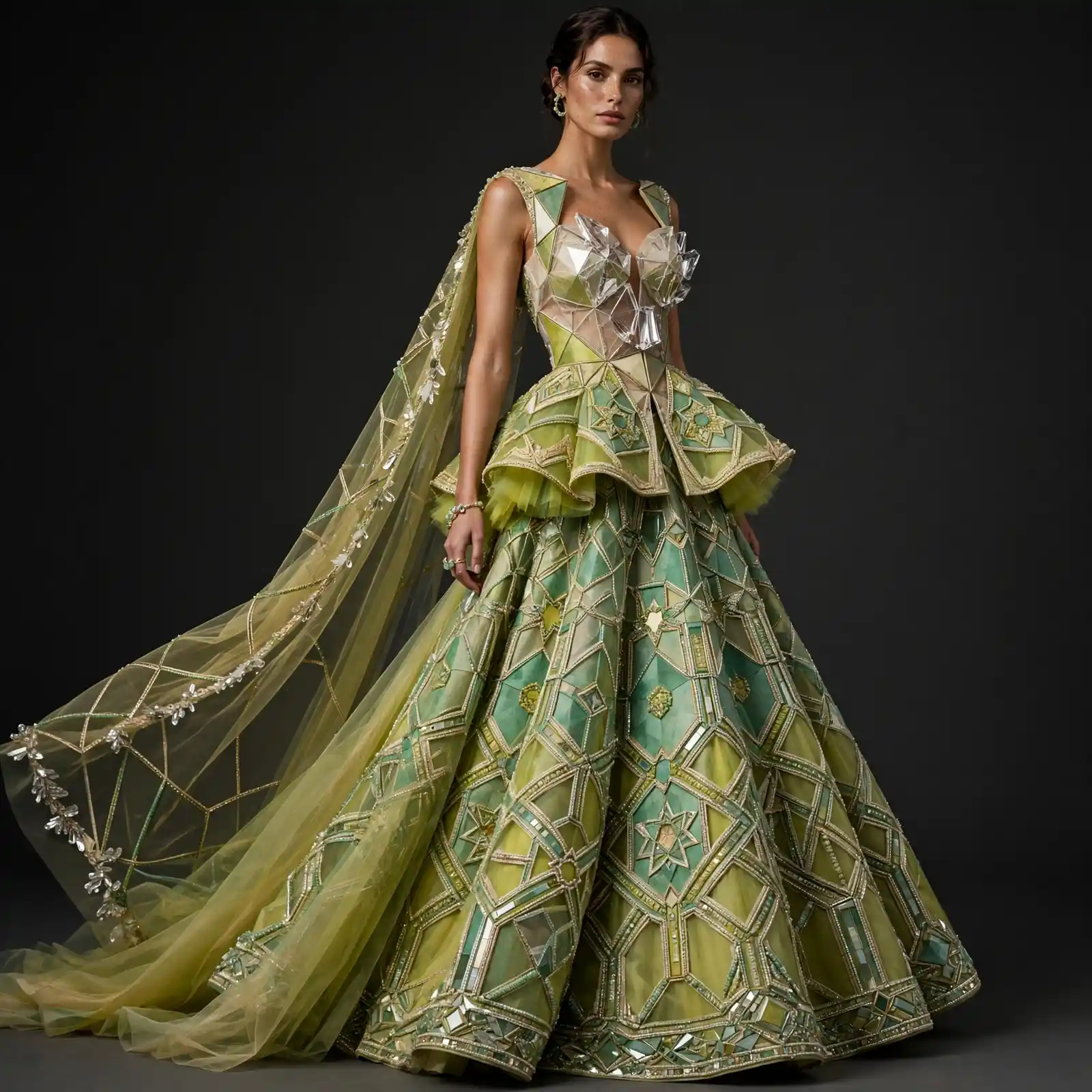 ExpensiveE Lime Citrine Crystal Peplum Lehenga with Geometric Cape