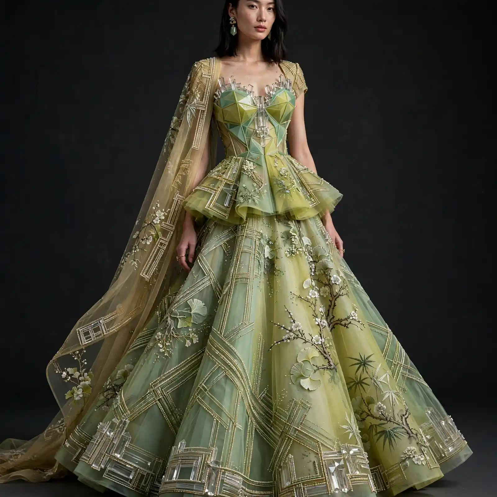 ExpensiveE Sage Crystal Geometric Pagoda Lehenga with Floral Embroidery