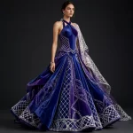 ExpensiveE  Midnight Blue Velvet Crystal Lattice Lehenga with Constellation Cape